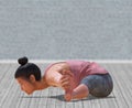 Virtual Woman in Yoga Seated Wide-legged forward bend Pose with a clear wood floor