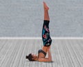 Virtual Woman in Yoga Shoulderstand Pose with a clear wood floor