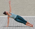 Virtual Woman in Yoga Side Plank Pose with a clear wood floor