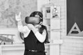 Virtual work. In a Computer Science Class. Works on a Programing Project. vr technology. schoolchild using virtual Royalty Free Stock Photo