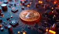 Virtual world landscape shows cryptocurrencies on circuit board. Popular internet memes interact with various cryptocurrency Royalty Free Stock Photo