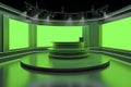 VirtualTV Studio Set. green screen background. 3d Rendering Virtual set studio for chroma footage Royalty Free Stock Photo