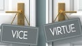 Virtue or vice as a choice in life - pictured as words vice, virtue on doors to show that vice and virtue are different options to