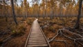 Viru bogs at Lahemaa national park in autumn. Wooden path beautiful wild place in Estonia