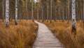 Viru bogs at Lahemaa national park in autumn. Wooden path beautiful wild place in Estonia