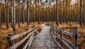 Viru bogs at Lahemaa national park in autumn. Wooden path at beautiful place in Estonia