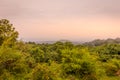 Virunga Volcanoes and Mgahinga Gorilla National Park from Kisoro in colorful early morning with mist in the valley. Kisoro Distric