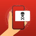 Virus Alert. Hand holding an infected smartphone. Mobile security concept. Vector illustration.