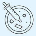 Virus analysis plate and pipette thin line icon. Petri dish outline style pictogram on white background. Bacteriology