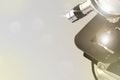 Virus analyzing concept, lab modern scientific microscope with flare on gradient background - object 3D illustration