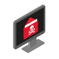 Virus attack through infected e-mail on computer screen, malware ransomware virus concept isometric