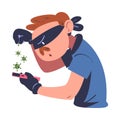 Virus attack. Masked cyber thief hacking smartphone. Cyber security and crime, data protection cartoon vector