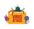 Virus attack to computer system vector illustration. Isolated system folder hacked cartoon monsters