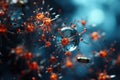 Virus background with disease cells and red blood cell.COVID-19 Corona virus outbreaking.Bacteria, viruses close-up under a Royalty Free Stock Photo