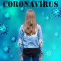 Virus background with girl and hand drawn 3d imitation Coronavirus 2019-nCoV cells
