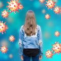 Virus background with girl and hand drawn 3d imitation Coronavirus 2019-nCoV cells