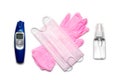 Virus background. Protection mask, sanitizer gel, lab gloves, Electronic thermometer - medical equipment on white