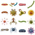 Virus bacteria faces icons set, cartoon style Royalty Free Stock Photo