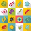 Virus bacteria icons set, flat style Royalty Free Stock Photo