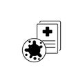 Virus, bacteria and medical form, document, certificate icon, symbol, sign. coronavirus, COVID-19 icon, logo black on white