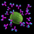 A virus being attacked by antibodies