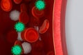 Virus in the blood vessel, with Red and white blood cells, 3d rendering Royalty Free Stock Photo