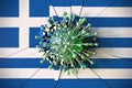 Virus breaks wall with flag of Greece. Coronavirus outbreak related conceptual 3D rendering
