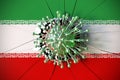 Virus breaks wall with flag of Iran. Coronavirus outbreak related conceptual 3D rendering