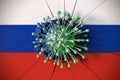 Virus breaks wall with flag of Russia. Coronavirus outbreak related conceptual 3D rendering