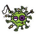 Virus cartoon character with white flag surrender being attacked with sword and arrow