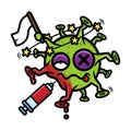 Virus cartoon character with white flag surrender sign attacked by injection