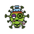 A virus cartoon character who has a fever and is very sick using temperature gauge