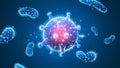 Virus cell. Immunology, new strain epidemic, infection pathogen concept. Abstract polygonal image on blue neon background. Low