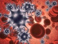 Virus, cell and molecule with abstract, 3d particles or blood plates for disease research. Immune system, micro biology