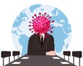 Virus character, human body head virus, leads a meeting at the table. Coronavirus flu germ virus infection bacteriaicon Royalty Free Stock Photo