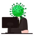 Virus character, human body head virus, character witn computer. Microbe, Pathogen, coronavirus flu germ virus infection Royalty Free Stock Photo