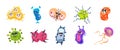 Virus characters. Cartoon infection bacteria and flu germs, microbiology disease emoticons. Vector microbe organism