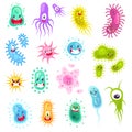 Virus characters. Funny cute monster viruses biological allergy cancer microbes aids epidemiology infection germ flu