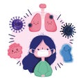 Virus covid 19 pandemic, girl mask lungs cartoon
