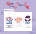 Virus covid 19 prevention infographic avoid markets and crowded places, not handshake, wearing medical mask