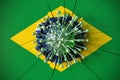 Virus breaks wall with flag of Brazil. Coronavirus outbreak related conceptual 3D rendering