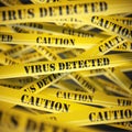 Virus detected yellow caution tape background. Security concept