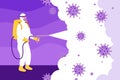 Virus disinfection concept, man in hamzat suit cleaning and disinfecting coronavirus cells COVID-19