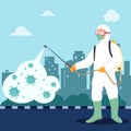 Virus Disinfection concept. Man in white hazmat suit cleaning the city from corona virus