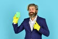 Virus disinfection. Man protective rubber gloves. Clean office. Destroy microorganisms. Disinfection concept. Bearded