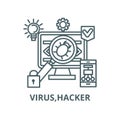 Virus,hacker,anti hacking vector line icon, linear concept, outline sign, symbol Royalty Free Stock Photo