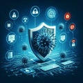 Virus icons bounce off a shield protecting a computer network em