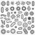 Virus icons set. Black symbols of virus particles with a spikes. Different viruses