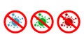 Virus icons. Stop corona. Sign bacteria danger. Antibacterial protection. Cell microbe infection. Warning coronavirus. Blue, green