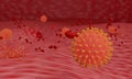 A virus image or coronavirus covid-19 red model. The concept of a virus spread on a red, rugged background. 3D rendering